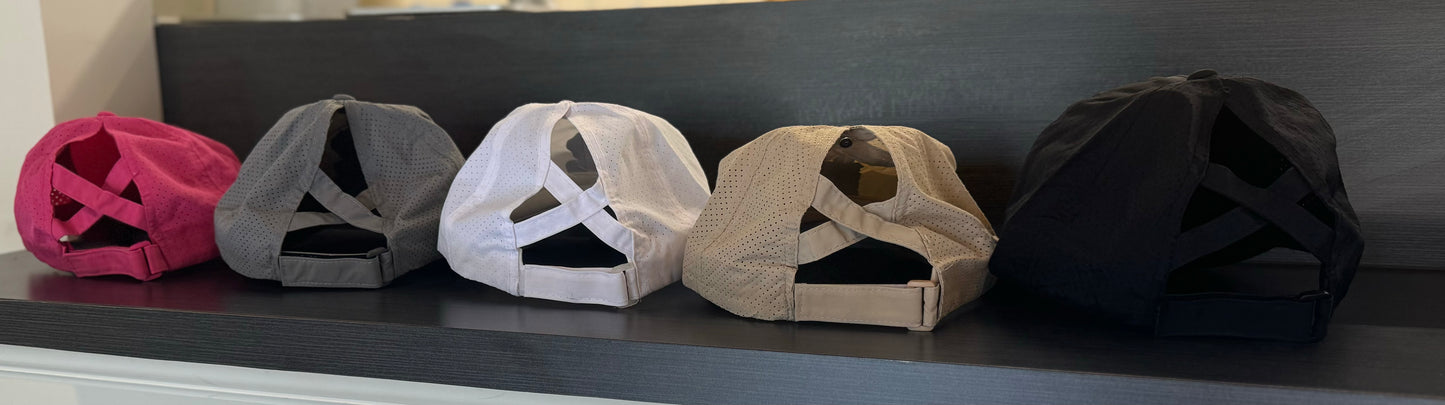 Light Tan Circular Leather Patch Ladies Ponytail Cap